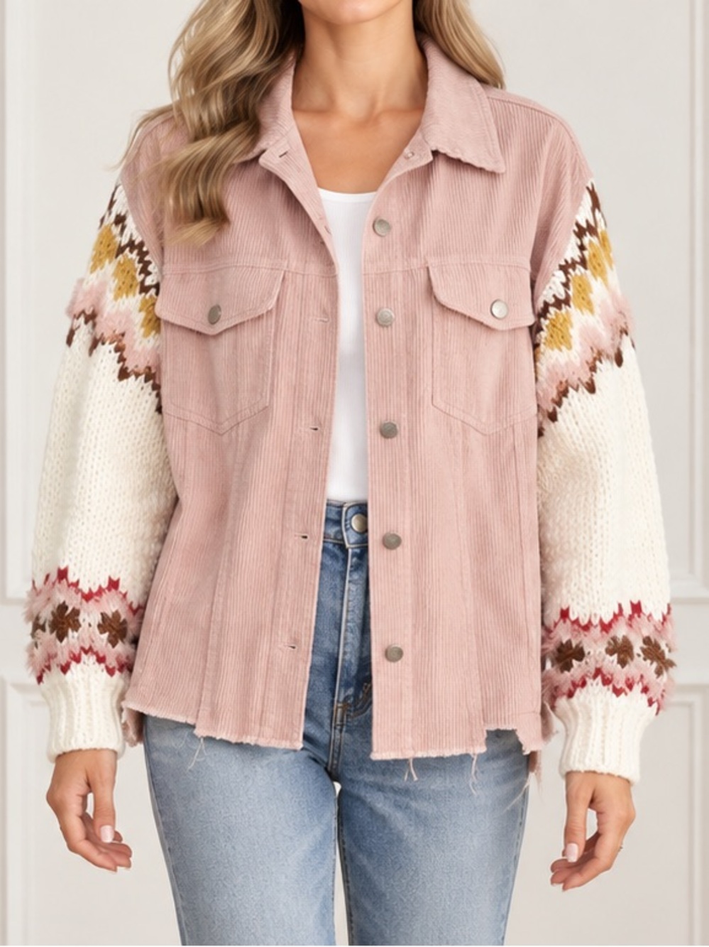 POL Jacket Sz Large Pink Corduroy Fair Isle Sweater Knit Sleeve Boho Trucker